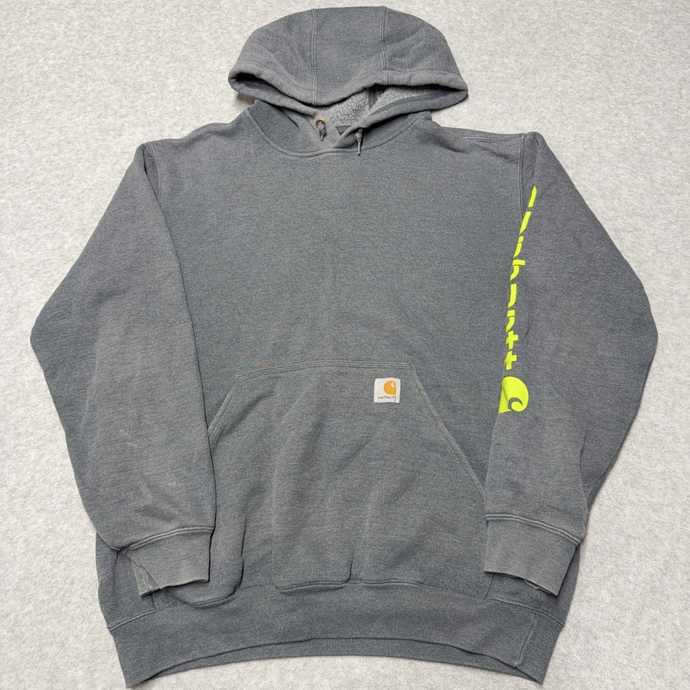 Carhartt Hoodie Mens Medium Gray Sleeve Logo Fleece Pullover Sweatshirt K288